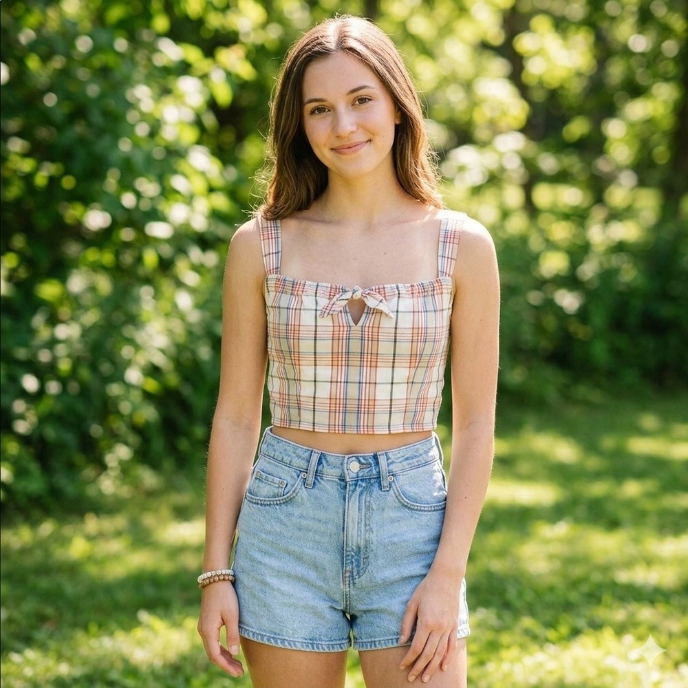 RVCA Plaid Bella Tie Front Crop Top Tank Size‎ S NWT